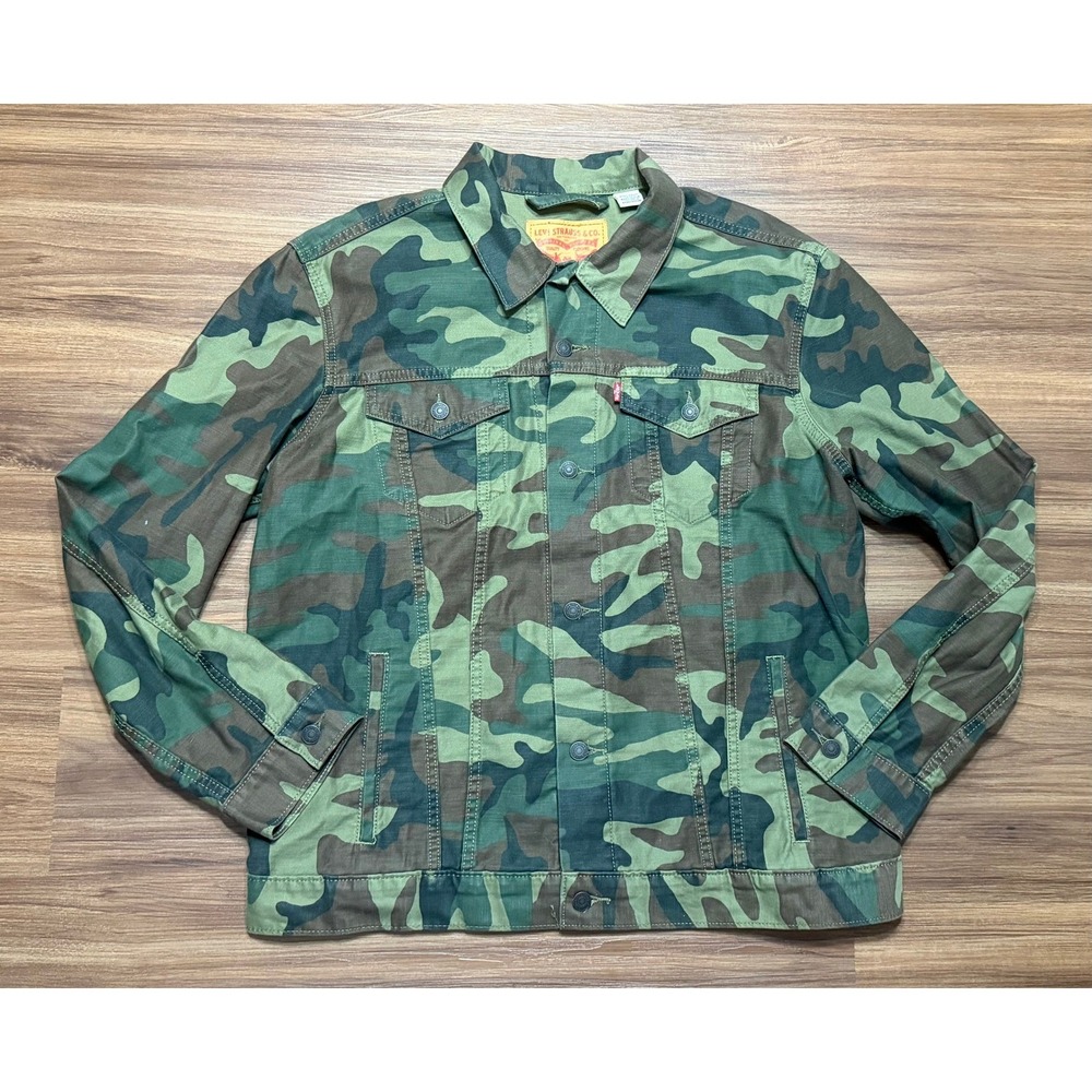 Levis Mens Denim Camo Trucker Jacket Green Woodland Cotton Coat Sz 2XL